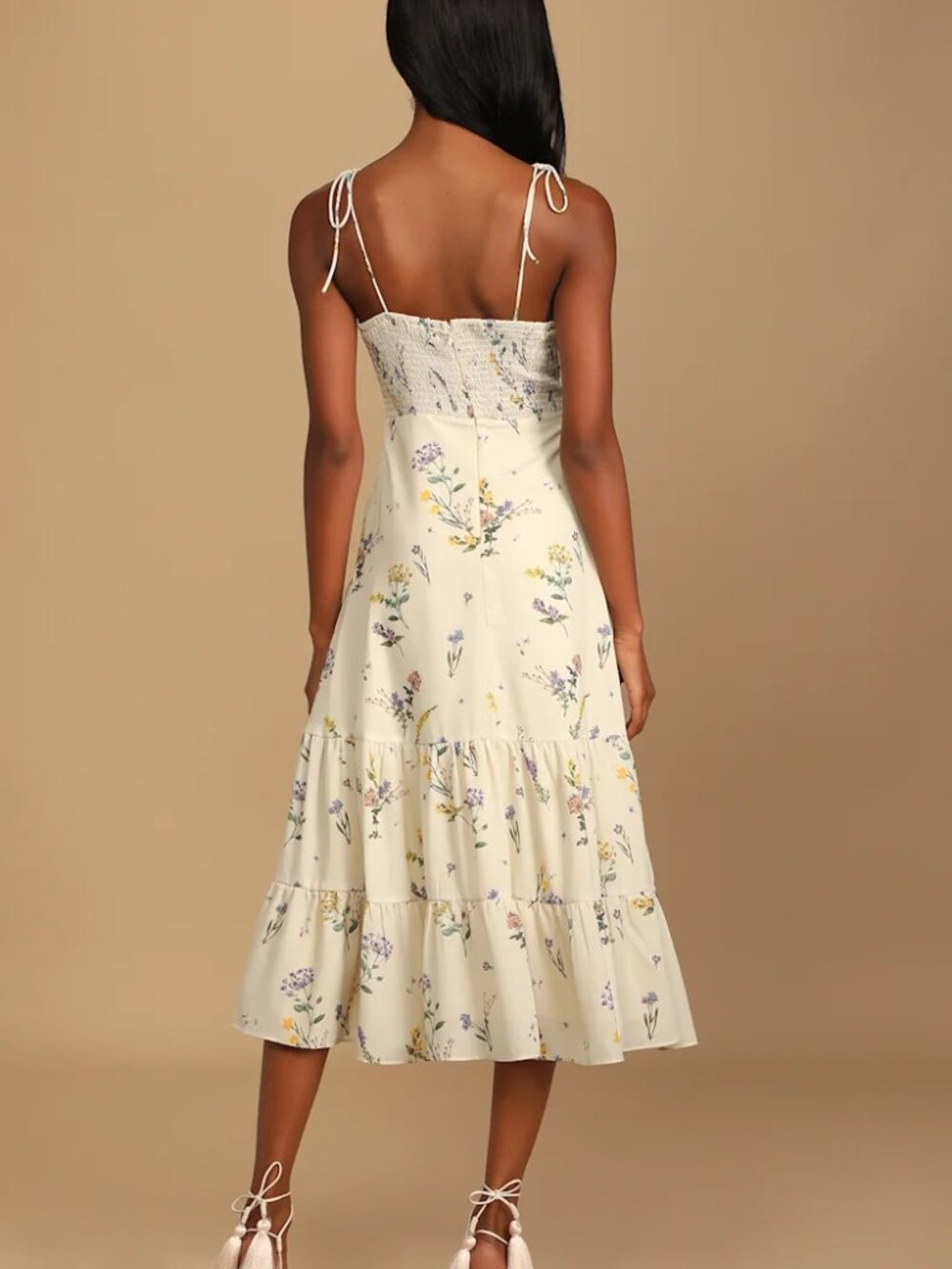 Lulus Women's Started With A Kiss Beige Floral Print Tie-strap Tiered Dress S - Picture 2 of 8